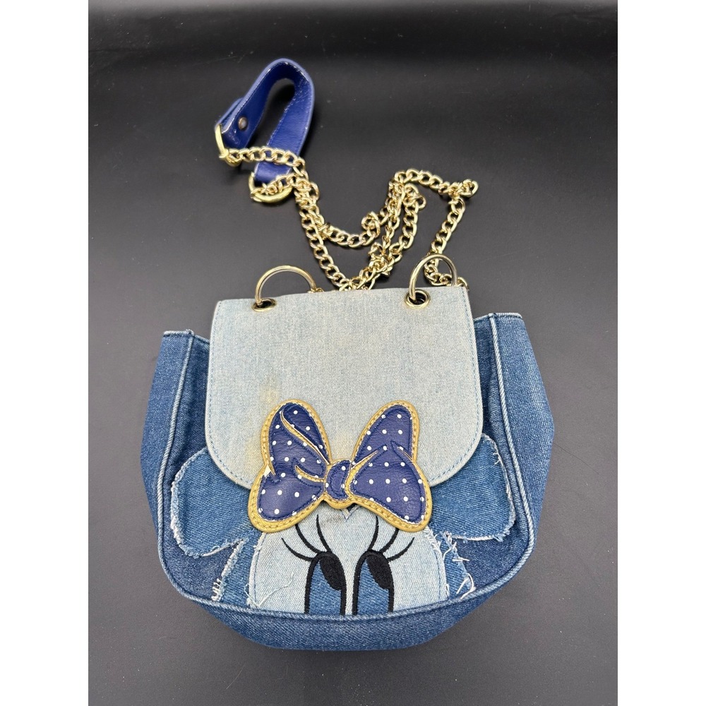 Disney Loungefly Minnie Mouse Denim Crossbody Bag Blue Polka Dot Bow Chain Strap